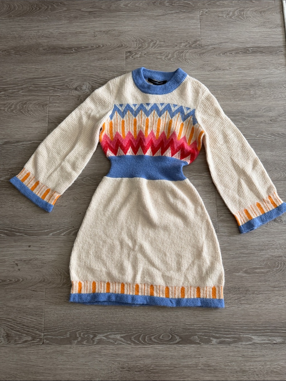French Connection Cream Knit Dress with Blue Trim and Multicolor Chevron